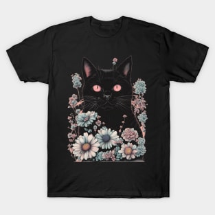 gothic Aesthetic Black Cat with flowers T-Shirt